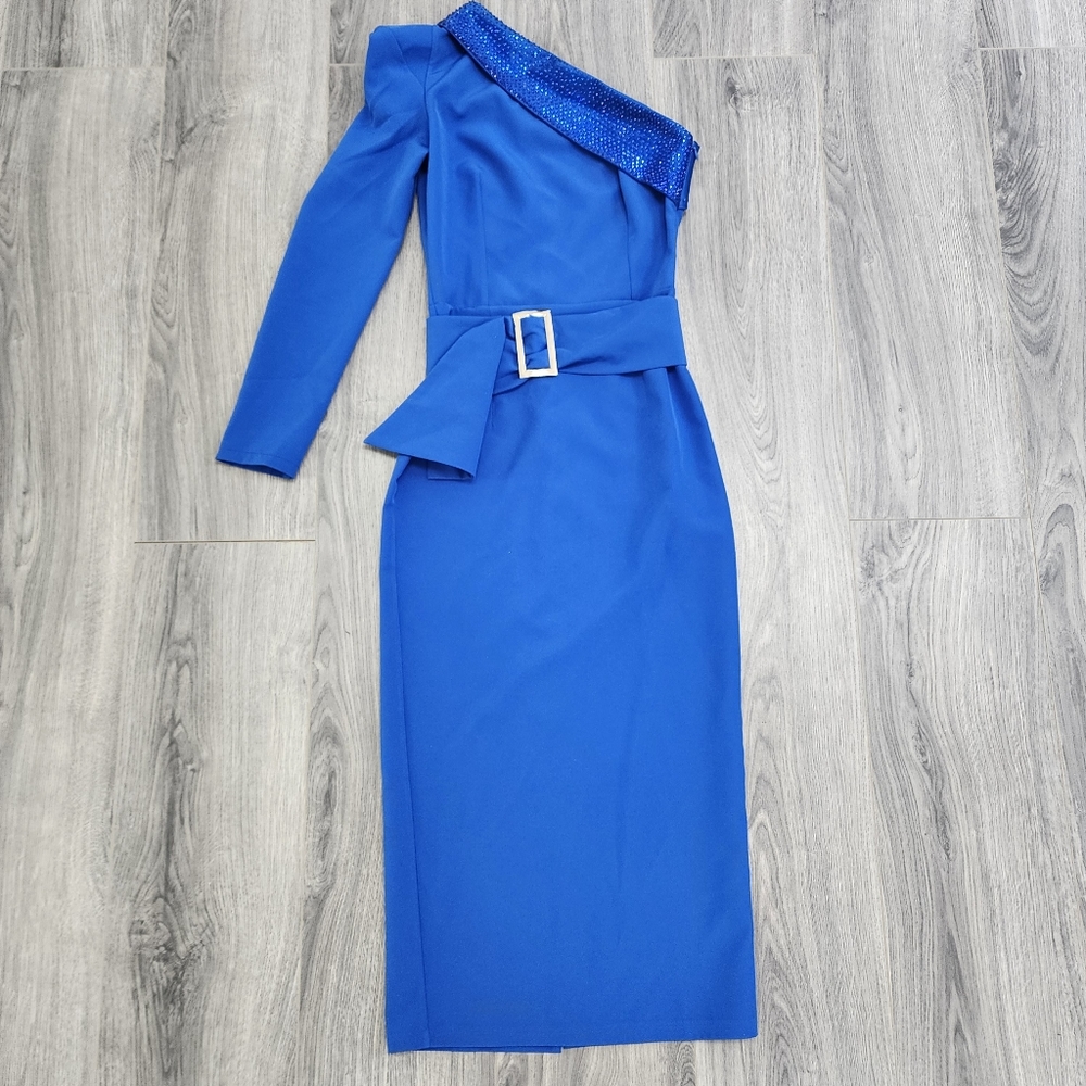 Blue One-Shoulder Belted Midi Dress